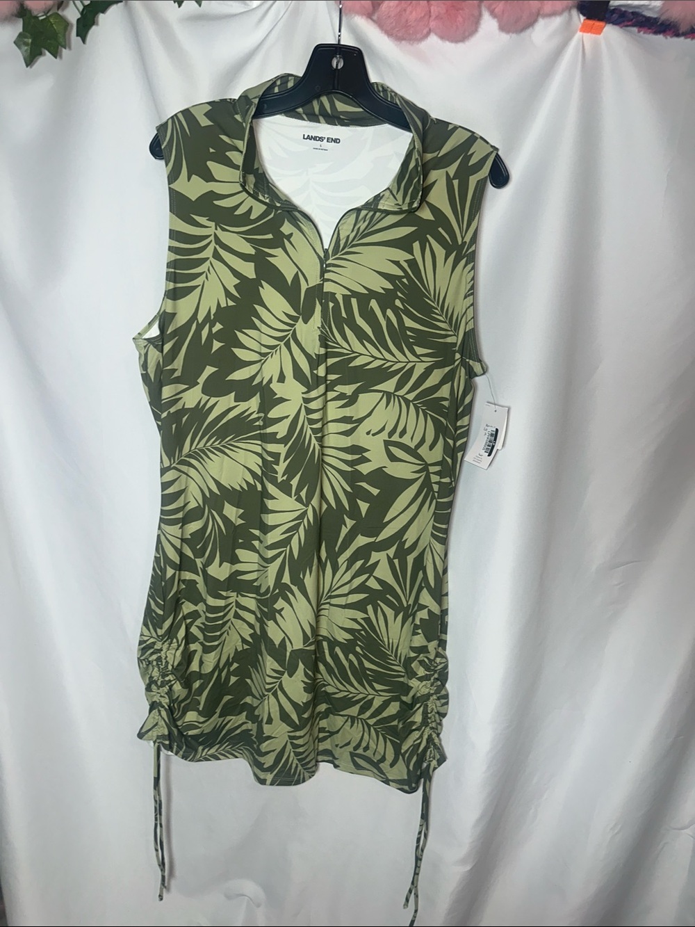 Lands' End Olive and Light Olive Tropical Print Sleeveless Polo Dress